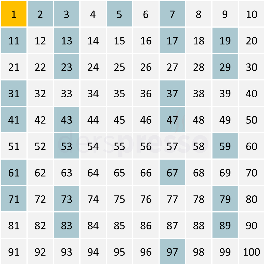 1-100 arası asal sayılar